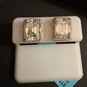 14k Gold over Solid Silver 8.35 Carat Emerald Cut Halo VVSD Moissanite Earrings